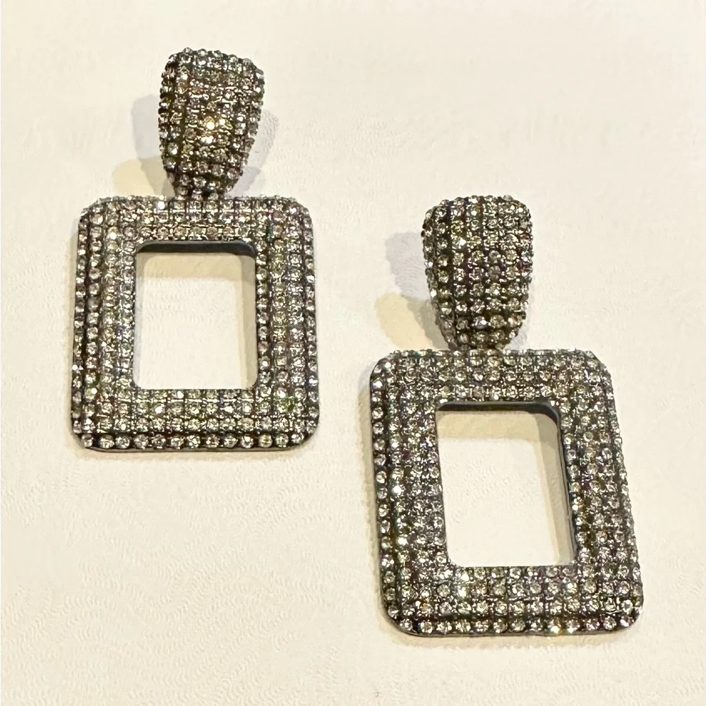 REBECCA MINKOFF XL Silver Crystal Rectangle Drop Earrings